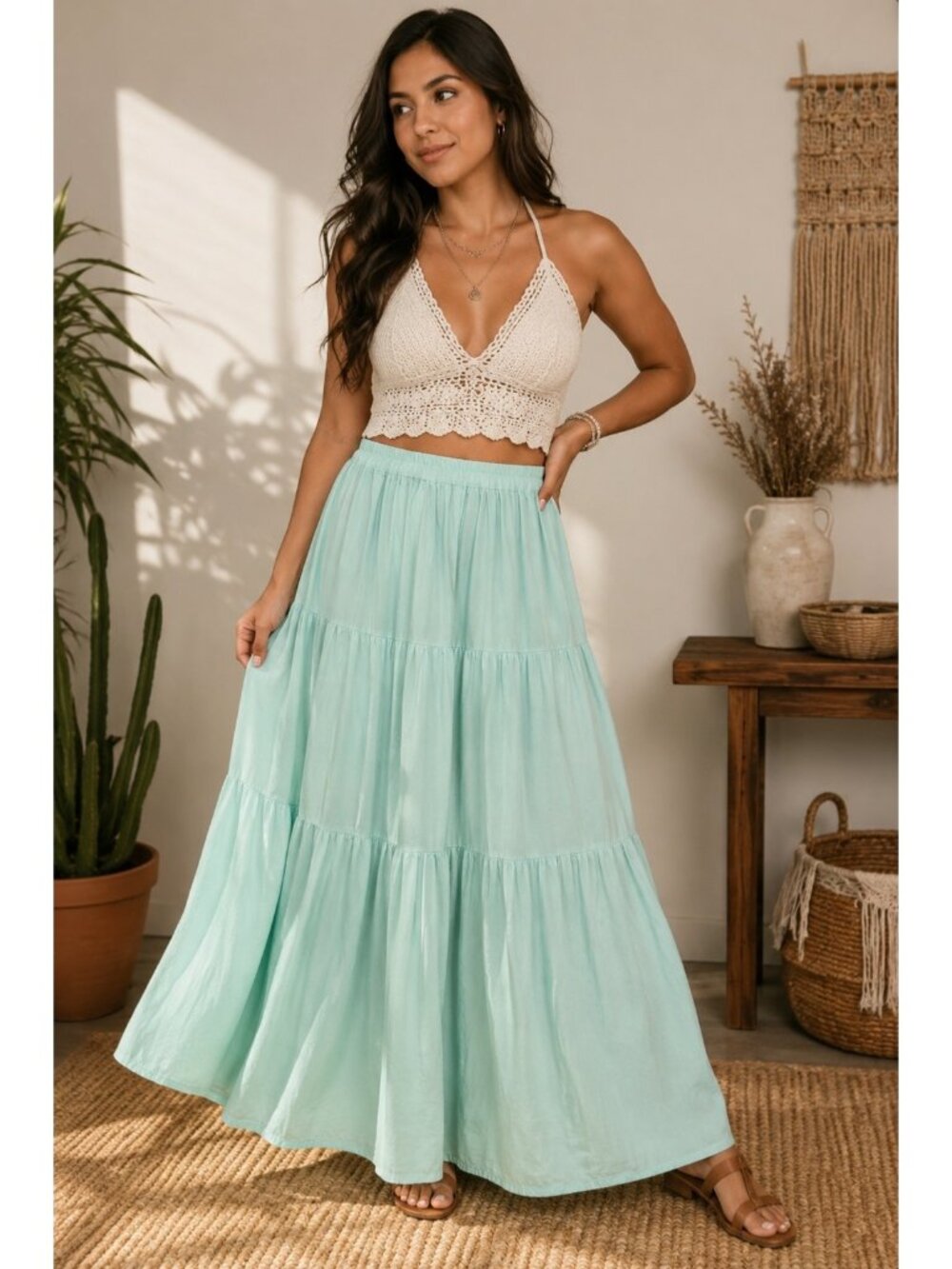 Vintage Cactus Flower Aqua Tiered Maxi Skirt One Size 100% Rayon Made USA Boho